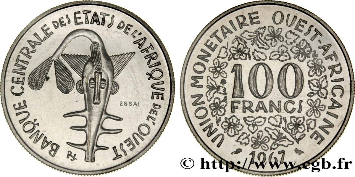 ÉTATS DE L AFRIQUE DE L OUEST (BCEAO) Essai de 100 Francs masque sous sachet d’origine sans liseré tricolore 1967 Paris FDC 