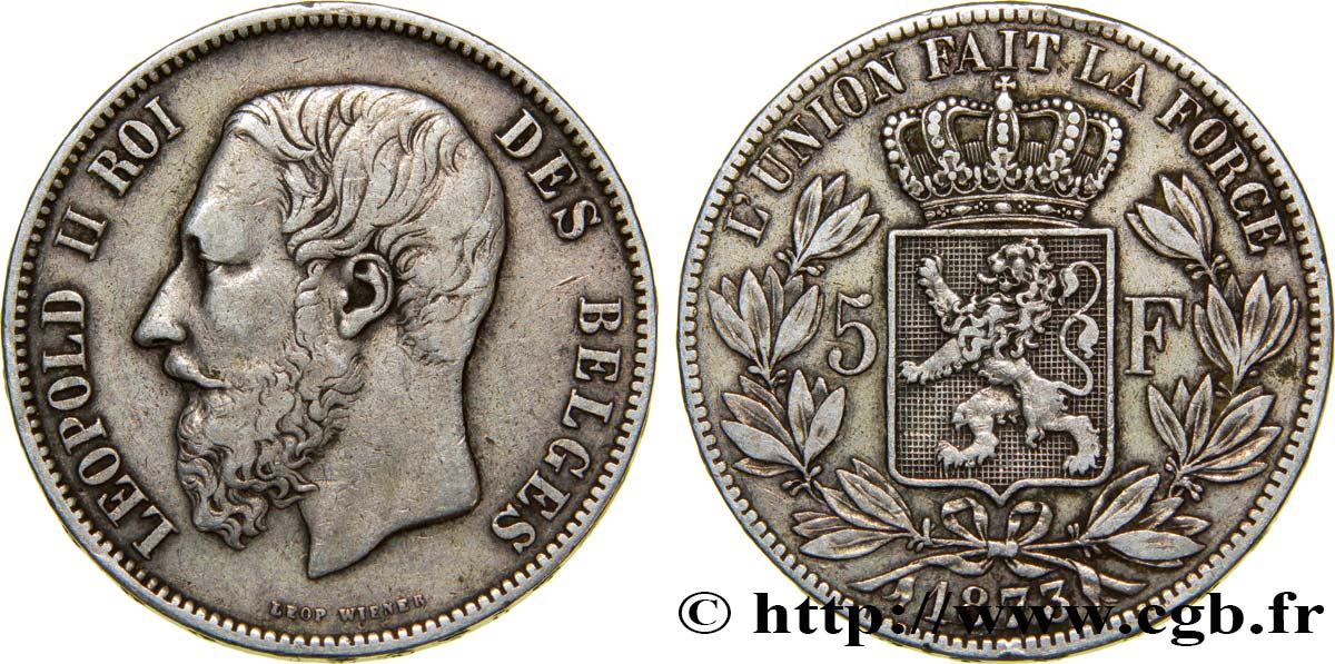 BELGIQUE 5 Francs Léopold II tranche position A 1873  TTB 
