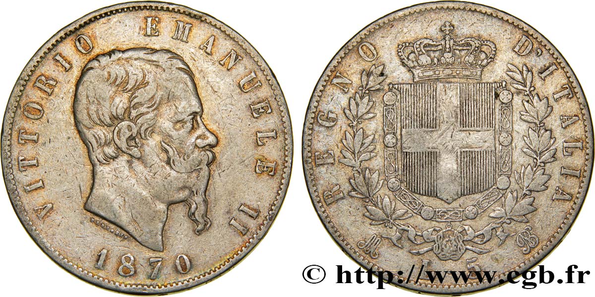 ITALIE 5 Lire Victor Emmanuel II 1870 Milan TB+ 