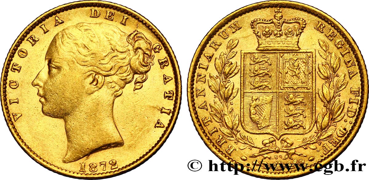 ROYAUME-UNI 1 Souverain Victoria variété avec numéro de coin, coin n°69 1872 Londres TTB+ 