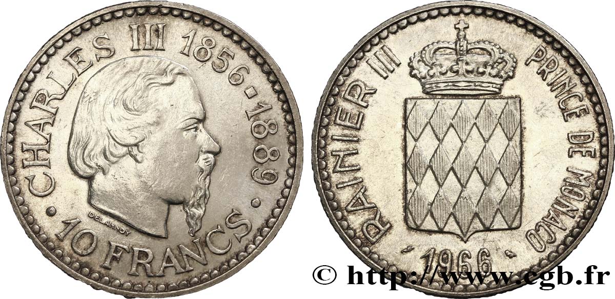 MONACO 10 Francs Charles III / écu couronné 1966 Paris SPL+ 