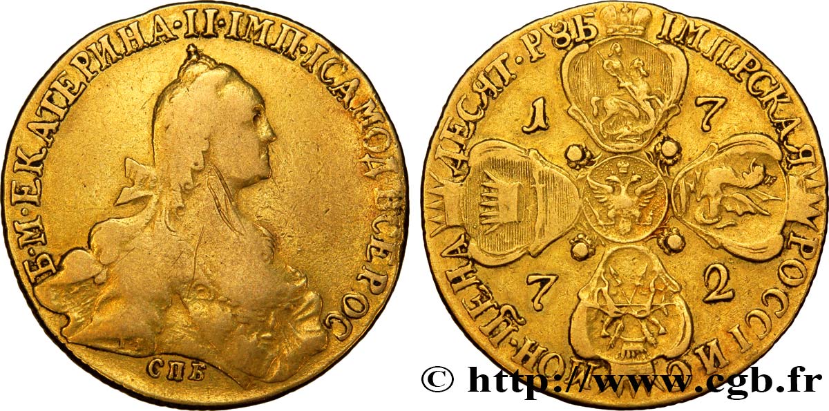 RUSIA - CATALINA II 10 Roubles 1772 Saint-Petersbourg BC+ 