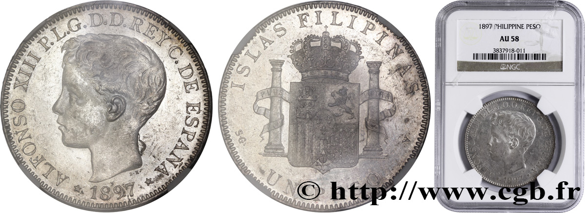 PHILIPPINES 1 Peso Alphonse XIII 1897 Madrid AU58 NGC
