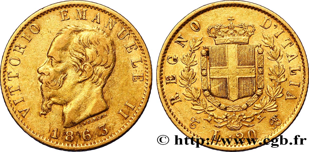 ITALIA 20 Lire Victor Emmanuel II  1863 Turin BB 