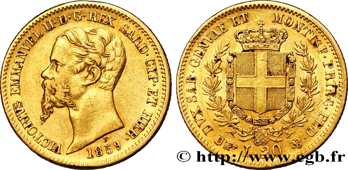 ITALIA - REINO DE CERDEÑA 20 Lire en or Victor Emmanuel II 1859 Turin MBC 