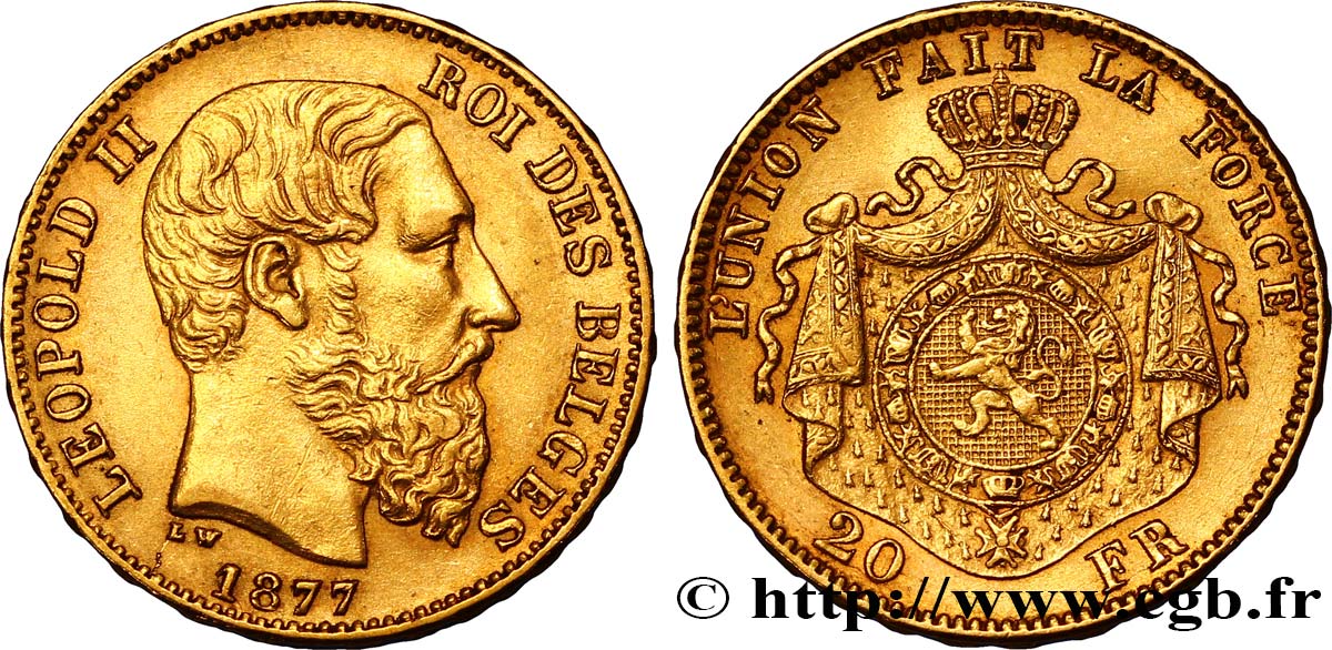 BÉLGICA 20 Francs or Léopold II 1877 Bruxelles MBC+ 