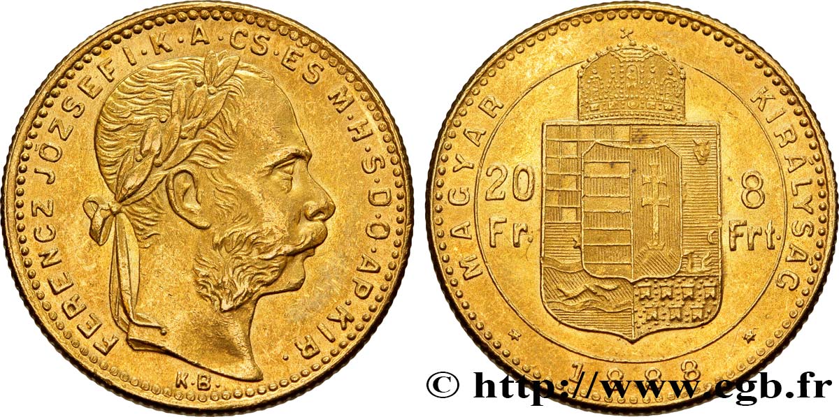 HUNGARY 20 Francs or ou 8 Forint, 2e type François-Joseph Ier 1888 Kremnitz AU 
