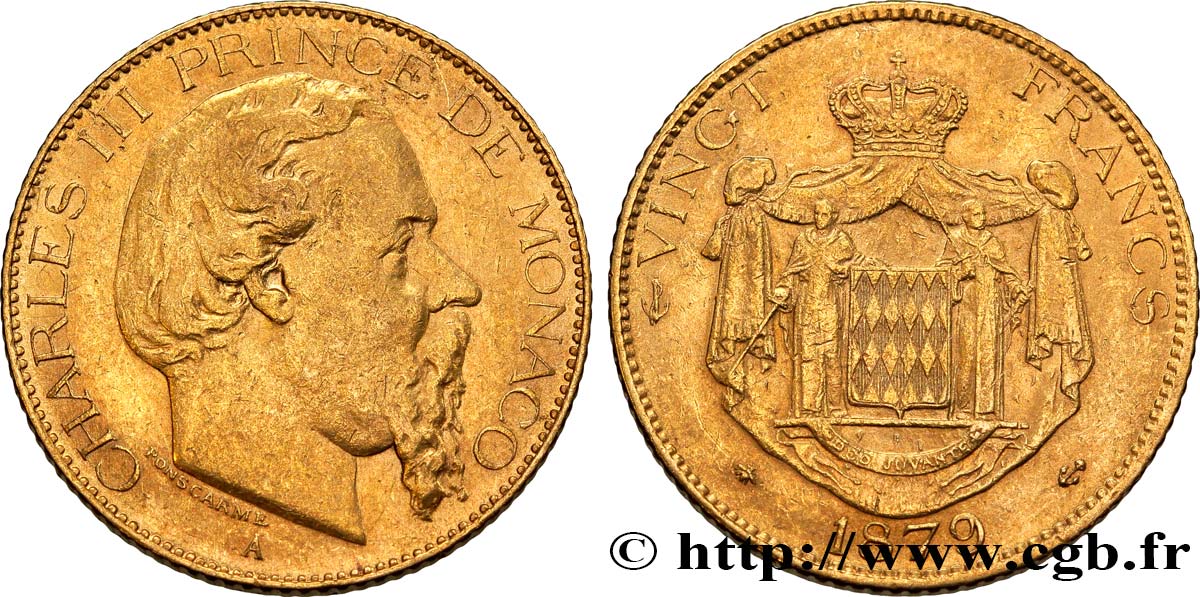MONACO 20 Francs or Charles III 1879 Paris XF 