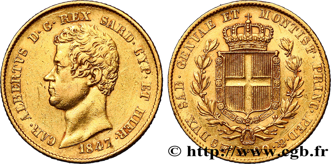 ITALY - KINGDOM OF SARDINIA 20 Lire Charles-Albert 1847 Turin XF 