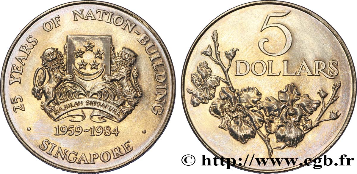 SINGAPORE 5 Dollars 25e anniversaire de la construction de la nation : emblème / rameau fleuri 1984  MS 