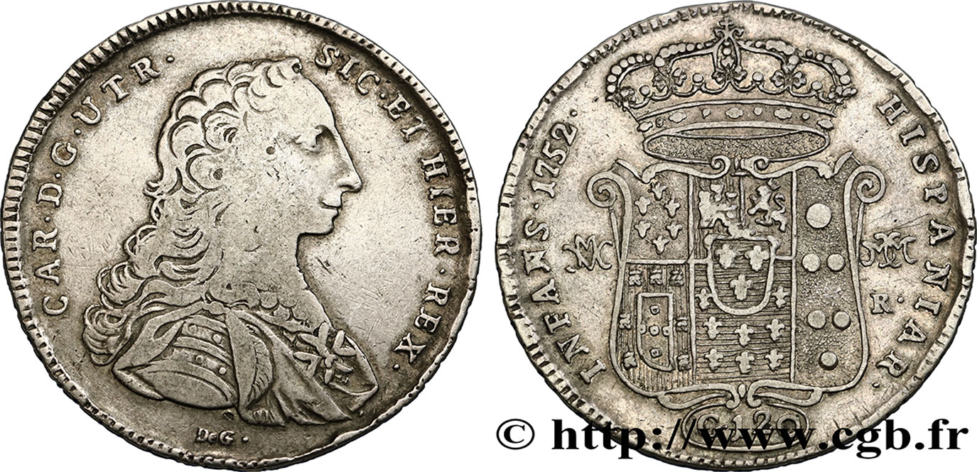 ITALY - KINGDOM OF NAPLES - CHARLES OF BOURBON Piastre ou 120 Grana 1752 Naples XF 