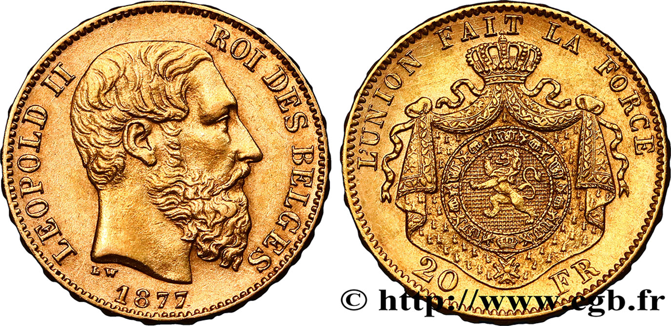 BELGIEN 20 Francs or Léopold II 1877 Bruxelles VZ 