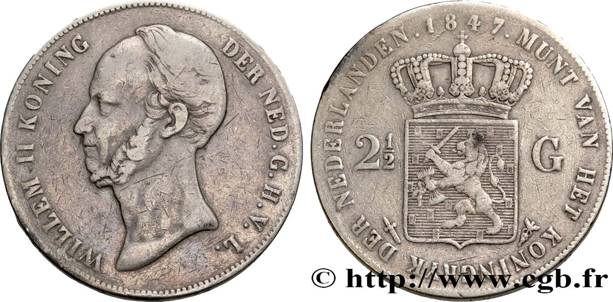 NETHERLANDS 2 1/2 Gulden Guillaume II 1847 Utrecht VF 