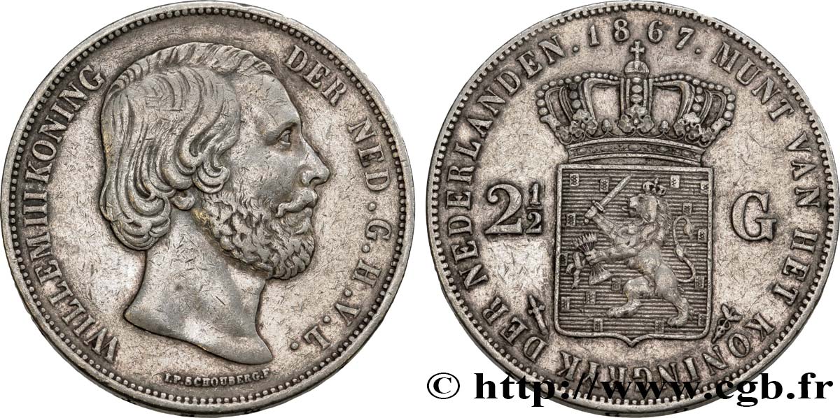PAYS-BAS 2 1/2 Gulden Guillaume III 1867 Utrecht TTB 