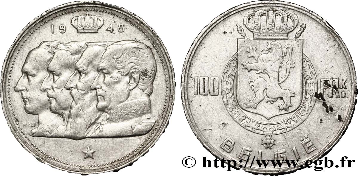 BELGIUM 100 Francs bustes des quatre rois de Belgique, légende flamande 1948  VF 