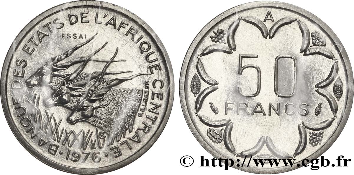ZENTRALAFRIKANISCHE LÄNDER Essai de 50 Francs antilopes lettre ‘A’ Tchad 1976 Paris ST 