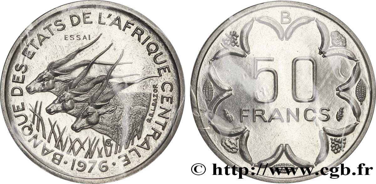 STATI DI L  AFRICA CENTRALE Essai de 50 Francs antilopes lettre ‘B’ République Centrafricaine 1976 Paris FDC 