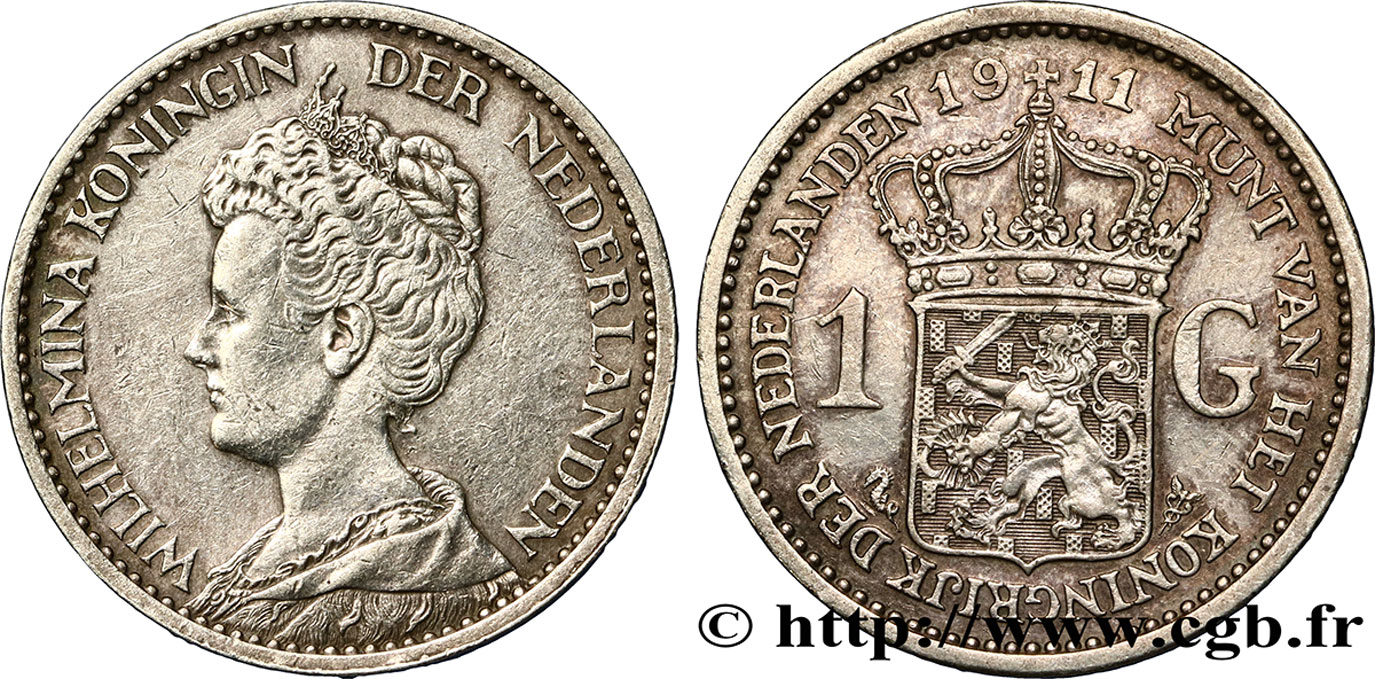 NETHERLANDS 1 Gulden Wilhelmina 1911  XF 