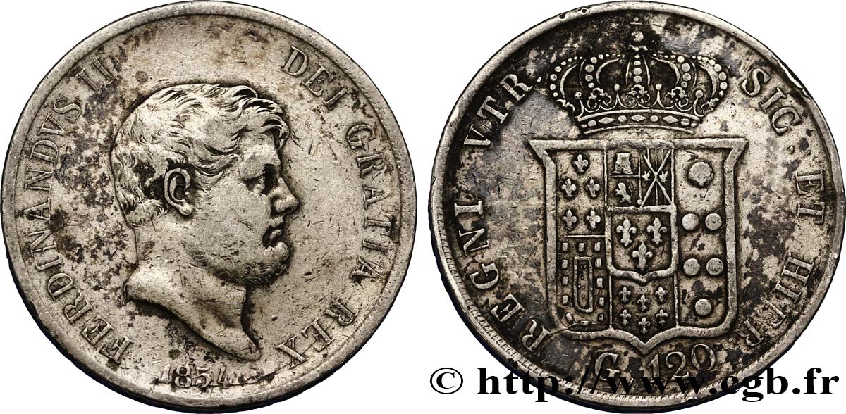 ITALIE - ROYAUME DES DEUX-SICILES 120 Grana Royaume des Deux-Siciles, Ferdinand II / écu couronné 1854 Naples TB+ 
