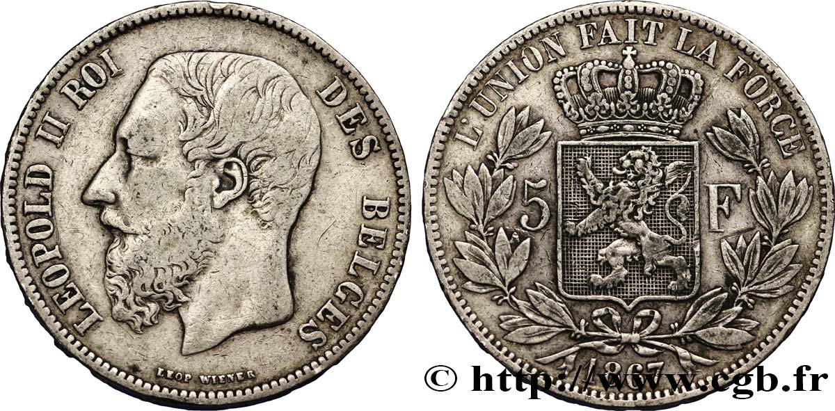 BELGIUM 5 Francs Léopold II tranche A 1867 VF