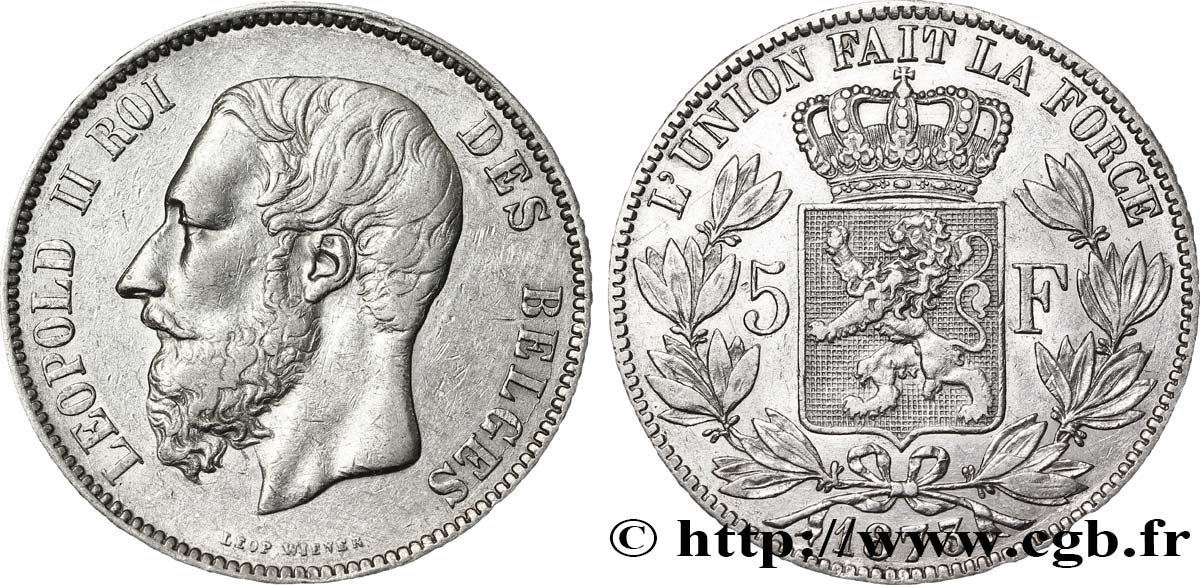 BÉLGICA 5 Francs Léopold II tranche position A 1873  MBC 