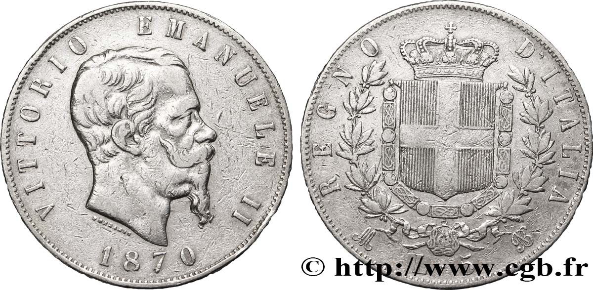 ITALIA 5 Lire Victor Emmanuel II 1870 Milan BC+ 