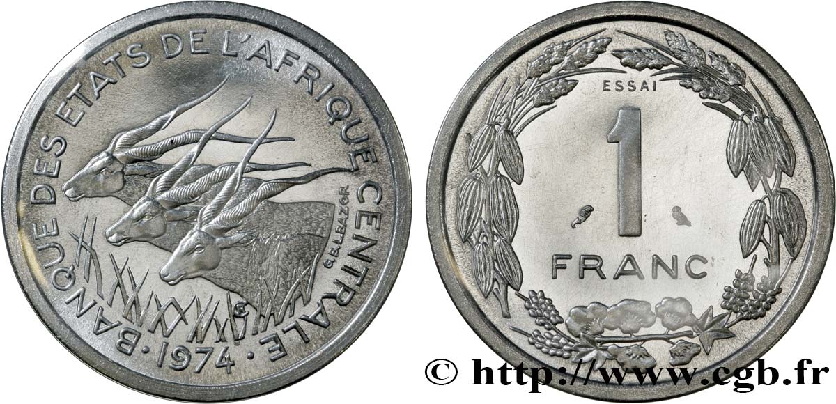 ÉTATS DE L AFRIQUE CENTRALE Essai de 1 Franc antilopes 1974 Paris FDC 
