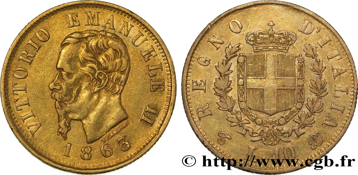 ITALIE 10 Lire or Victor Emmanuel II 1863 Turin TTB+ 