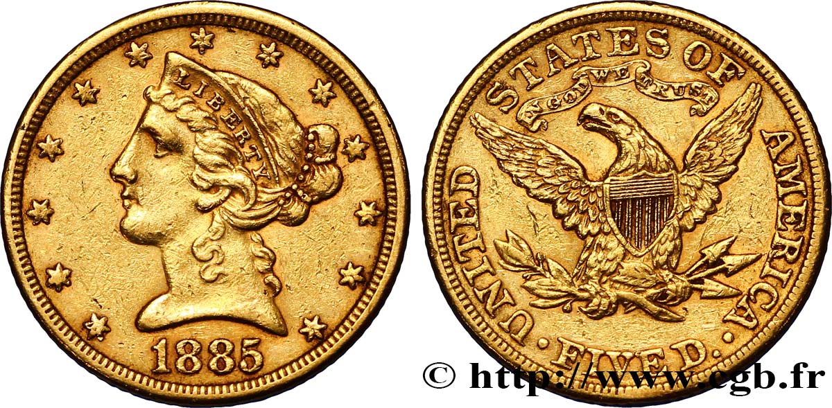 ÉTATS-UNIS D AMÉRIQUE 5 Dollars  Liberty  1885 Philadelphie TTB 