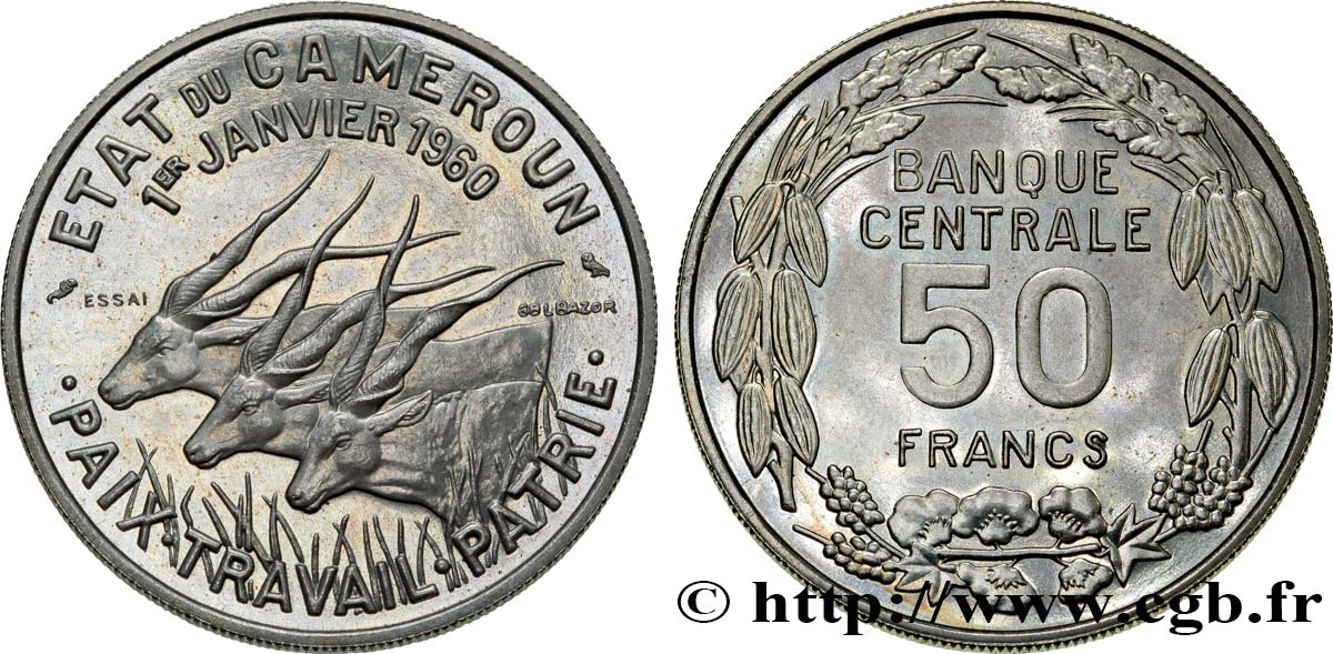 KAMERUN Essai 50 Francs Etat du Cameroun, commémoration de l’indépendance, antilopes 1960 Paris ST 