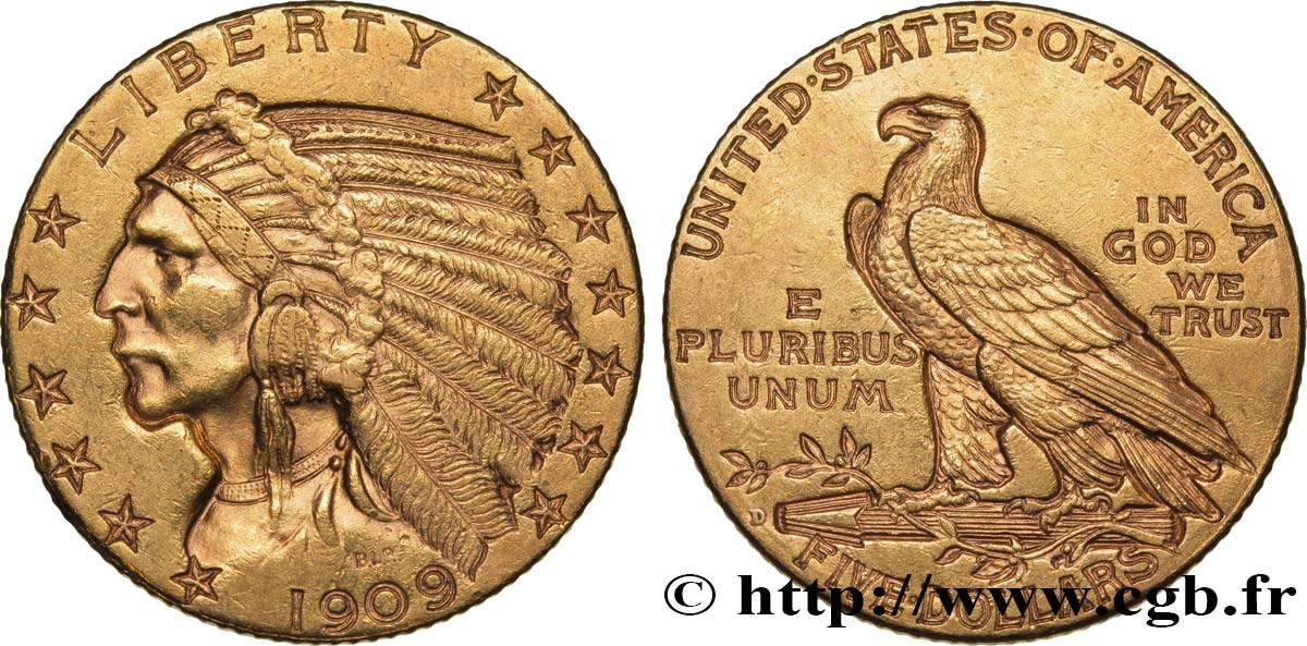 ÉTATS-UNIS D AMÉRIQUE 5 Dollars or  Indian Head  1909 Denver TTB+ 