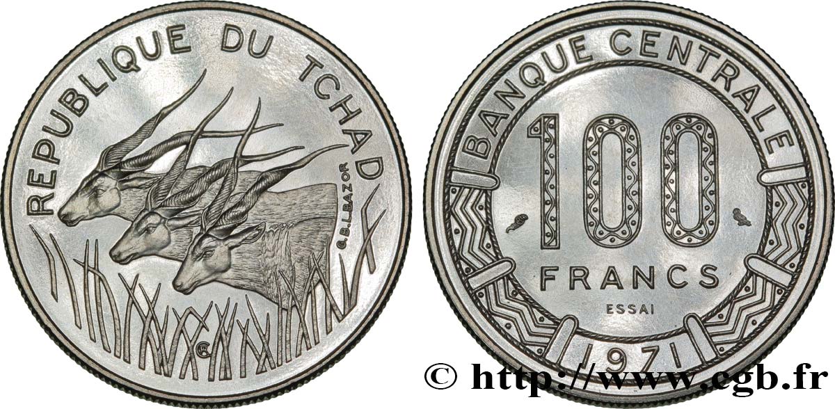 TCHAD Essai de 100 Francs type “Banque Centrale”, antilopes 1971 Paris FDC 
