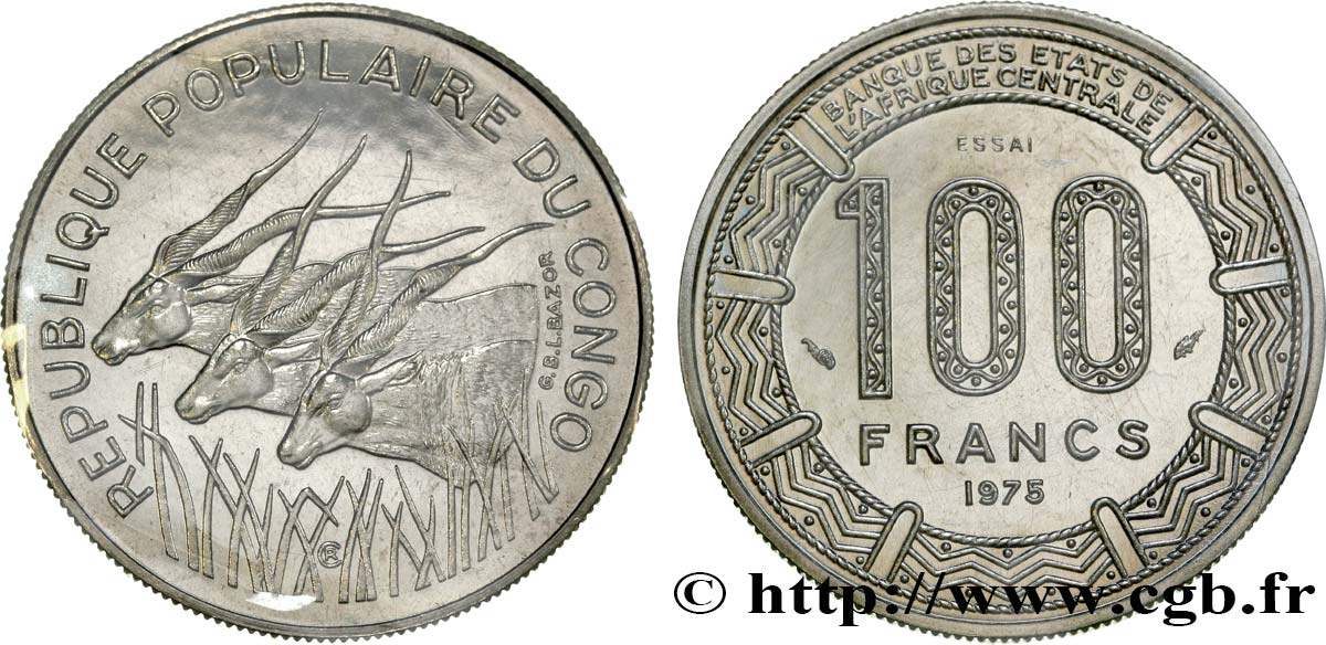 REPúBLICA DEL CONGO Essai de 100 Francs type “BCEAC”, antilopes 1975 Paris FDC 