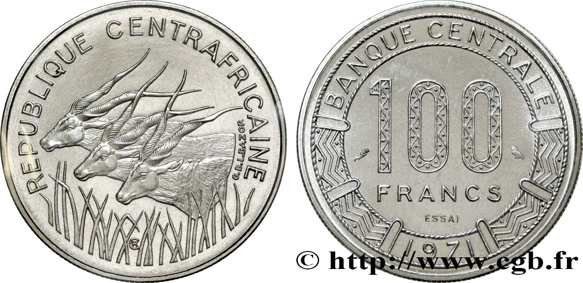 CENTRAFRIQUE Essai de 100 Francs antilopes 1971 Paris FDC 