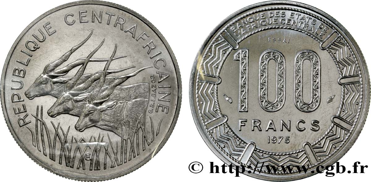 REPUBBLICA CENTRAFRICANA Essai de 100 Francs antilopes type “BEAC” 1975 Paris FDC 