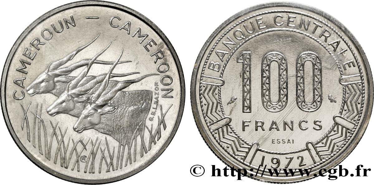 KAMERUN Essai de 100 Francs légende bilingue, type Banque Centrale, antilopes 1972 Paris ST 