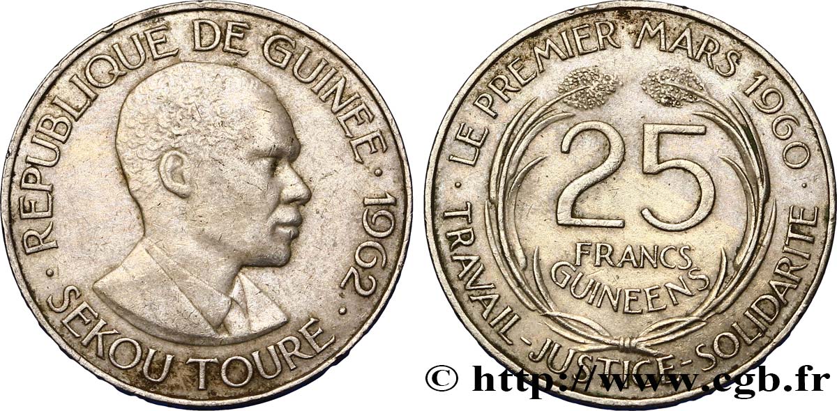 GUINÉE 25 Francs président Ahmed Sekou Touré 1962  TTB+ 