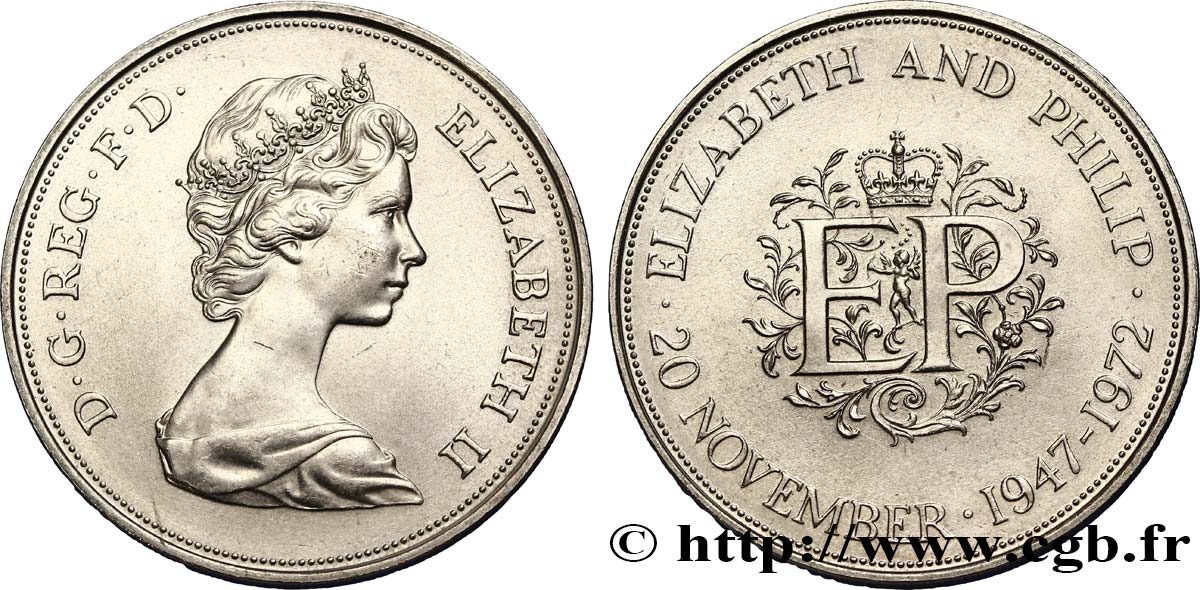 ROYAUME-UNI 25 New Pence (1 Crown) 25e anniversaire de mariage d’Elisabeth II 1972  SUP 