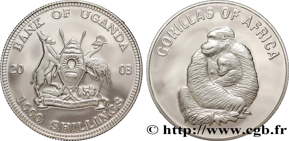 UGANDA 1000 Shillings Proof série Gorilles d’Afrique : emblème / femelle et jeune gorille 2003  SC 