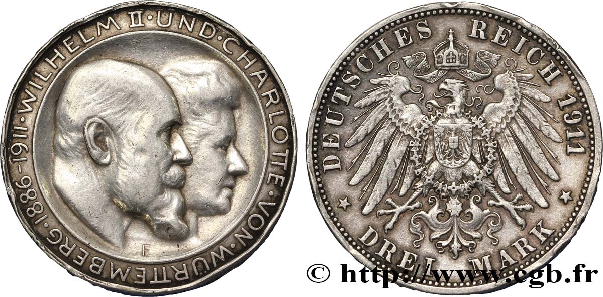 ALLEMAGNE - WURTEMBERG 3 Mark Guillaume II et Charlotte 1911 Stuttgart TB+ 