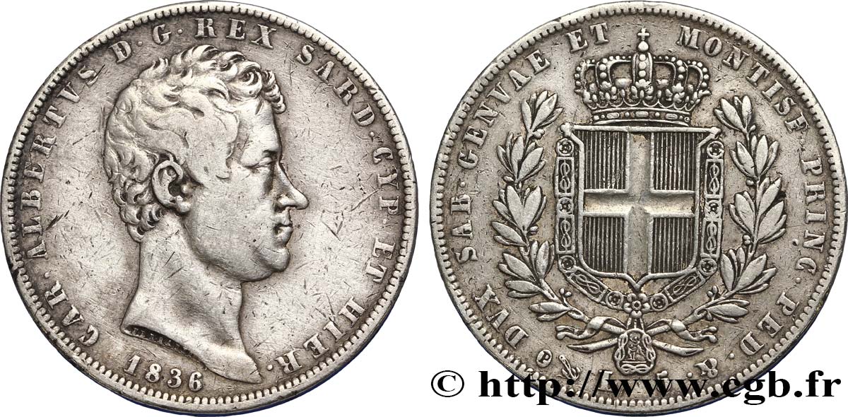 ITALY - KINGDOM OF SARDINIA 5 Lire Charles Albert 1836 Gênes VF 