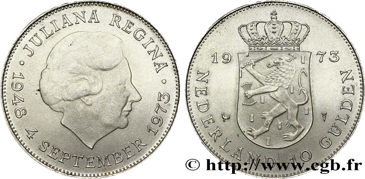 NETHERLANDS 10 Gulden 25e anniversaire de règne, reine Juliana 1973 Utrecht AU 