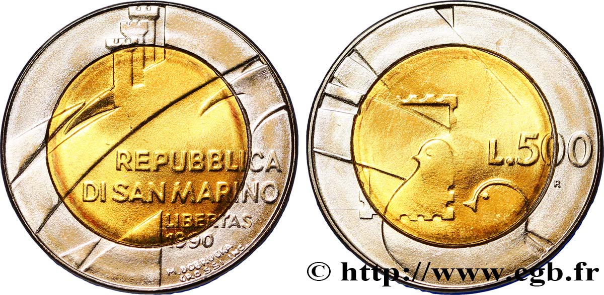 SAN MARINO 500 Lire ‘1600 ans d’histoire’ 1990 Rome SC 