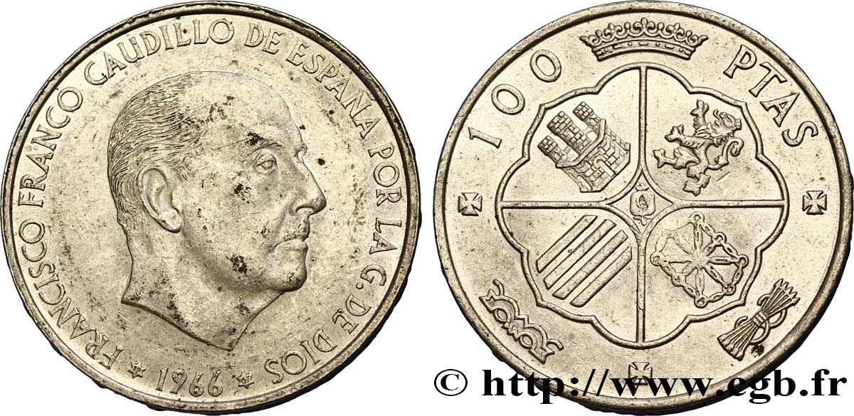 ESPAGNE 100 Pesetas Francisco Franco (1967 dans les étoiles) 1966  TTB+ 