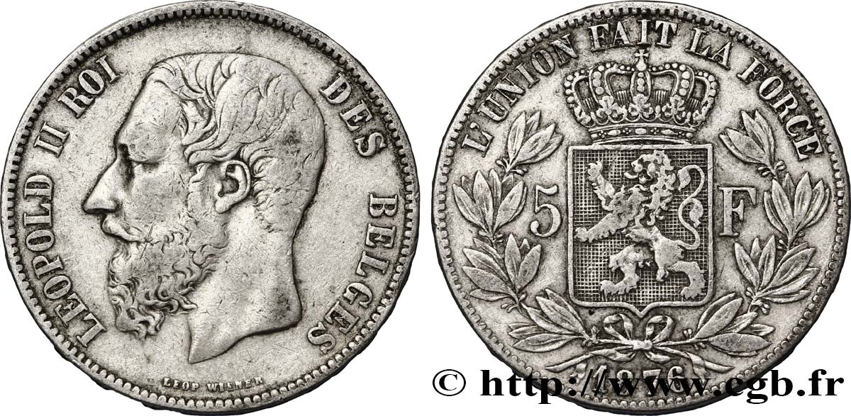 BÉLGICA 5 Francs Léopold II 1876  BC+ 