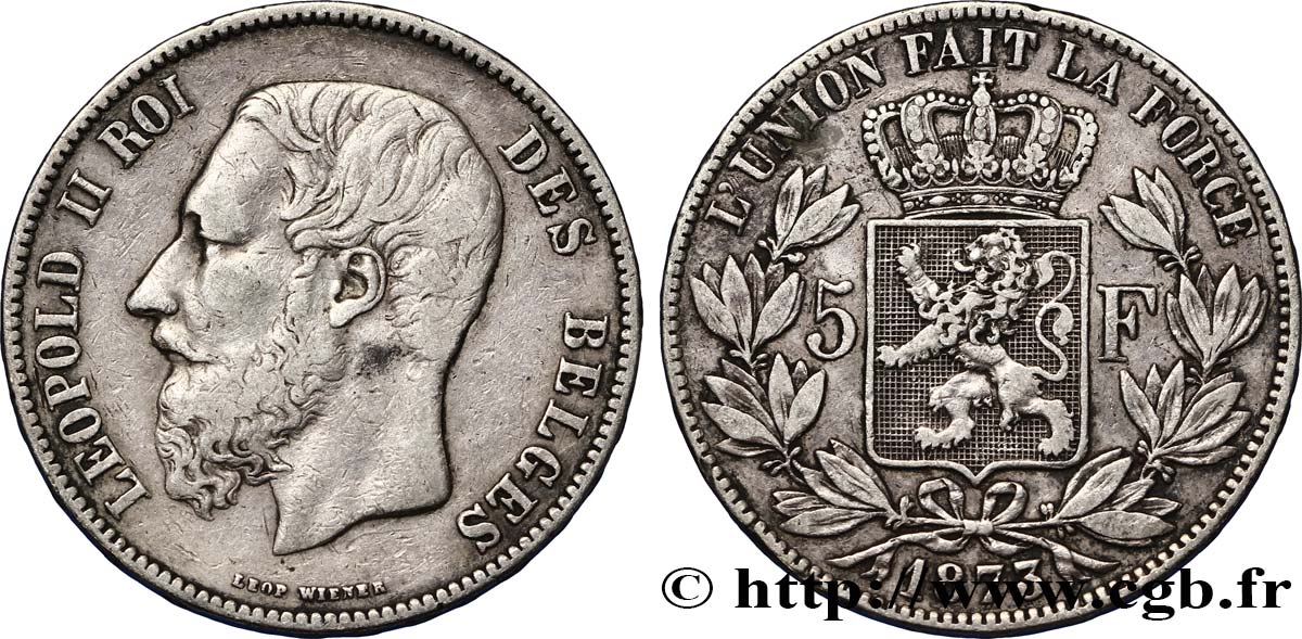 BELGIEN 5 Francs Léopold II 1873  fSS 