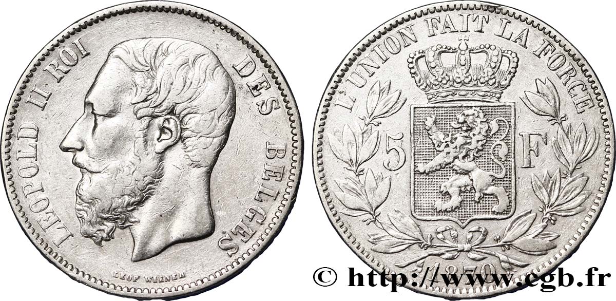 BELGIQUE 5 Francs Léopold II tranche A 1870  TB+ 