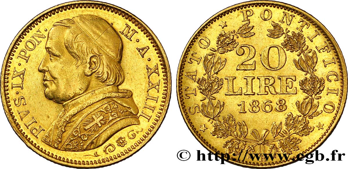 VATICAN AND PAPAL STATES 20 Lire Pie IX an XXIII 1868 Rome AU 