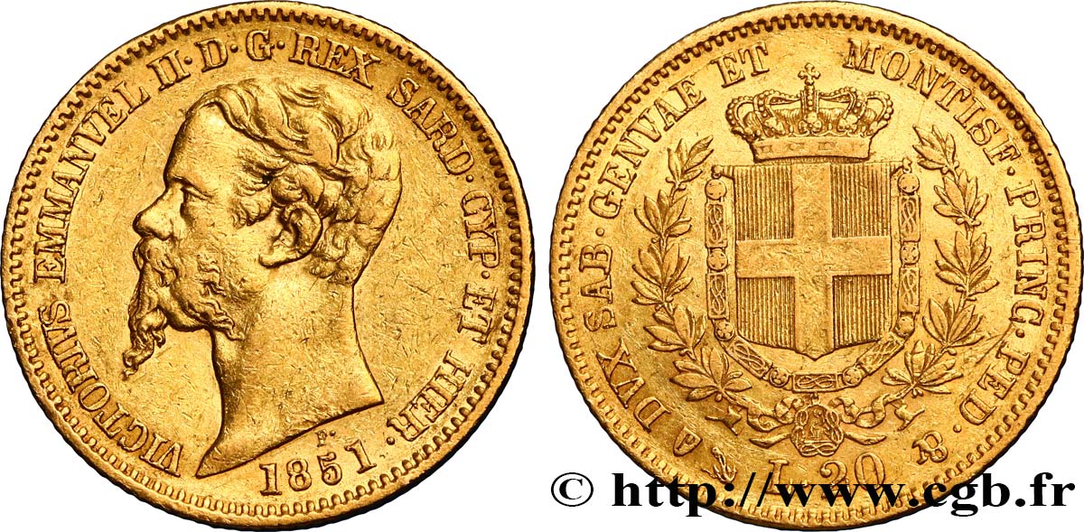 ITALY - KINGDOM OF SARDINIA 20 Lire Victor Emmanuel II 1851 Gênes XF 