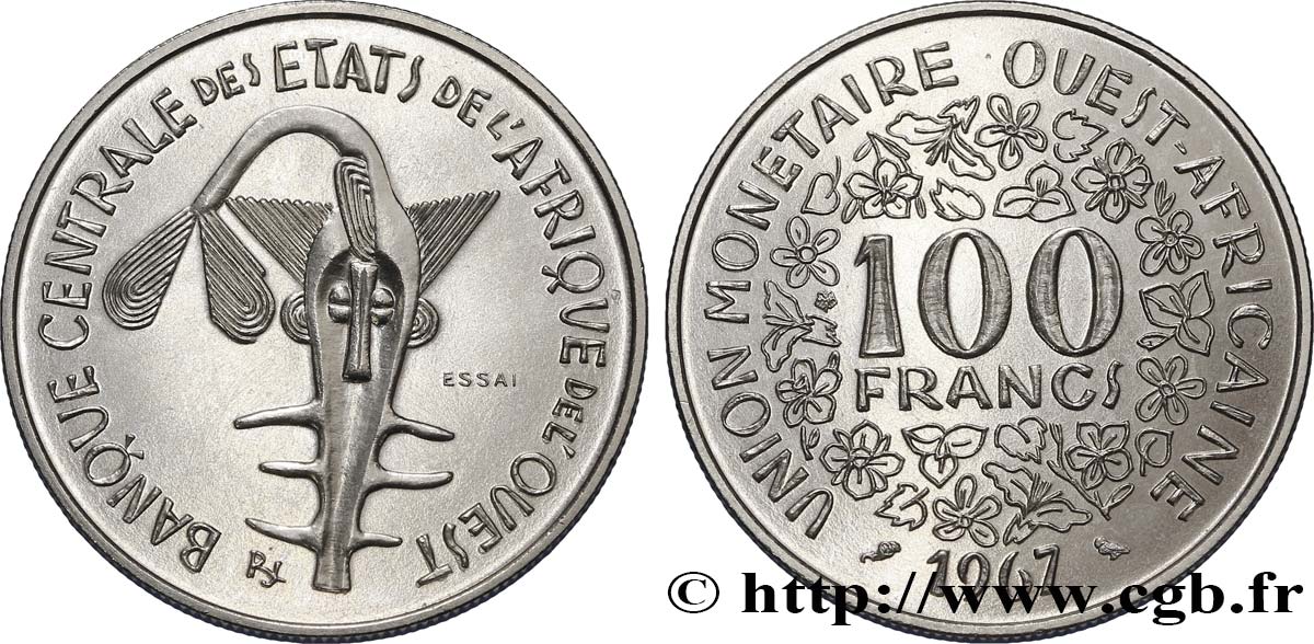 ÉTATS DE L AFRIQUE DE L OUEST (BCEAO) Essai 100 Francs masque 1967  SPL 